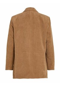 Hnědý kordový blazer s klasickým límcem, vertikálně jemně strukturovaný a ve volném střihu. Bez viditelných zapínání nebo dalších detailů.