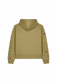 Sweat à capuche marron clair vu de dos, avec de petits tatouages multicolores et des croquis imprimés sur les deux manches.