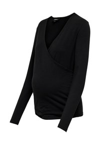 Black long-sleeve maternity top with a deep V-neck and wrap design, made of soft, stretchy fabric for comfort and fit during pregnancy.