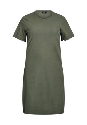 Olive green, ribbed dress with a round neckline and short sleeves featuring scalloped edges. Smooth texture, knee-length cut.