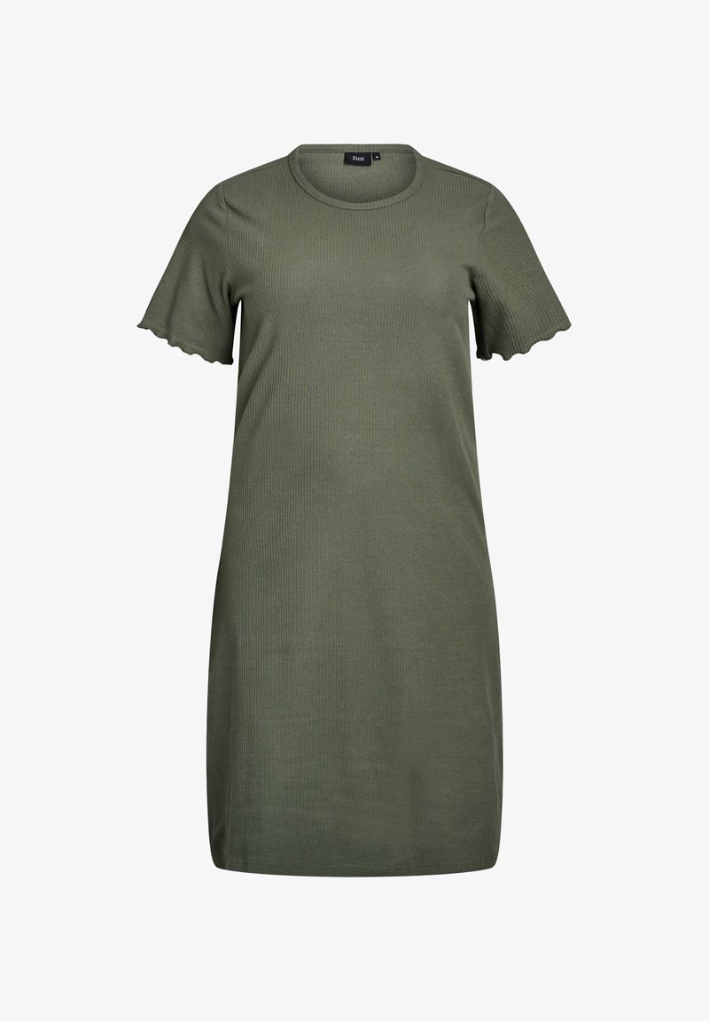 Robe côtelée vert olive avec un col rond et des manches courtes aux bords festonnés. Texture lisse, coupe au genou.