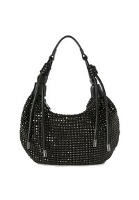 Bolso de mano negro de cuentas con forma redondeada, que presenta un diseño elegante, superficie texturizada y correas ajustables dobles.