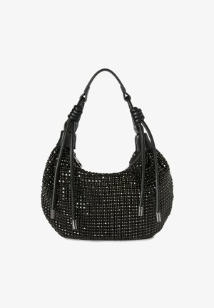 Schwarze Perlenhandtasche mit runder Form, die ein elegantes Design, eine strukturierte Oberfläche und zwei verstellbare Träger aufweist.