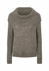 Pull gris en maille avec un large col roulé côtelé et des manches longues, présentant un motif torsadé sur le devant et les manches.