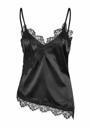 Camisola de satén negra con ribete de encaje a lo largo del escote y el dobladillo. Tirantes finos ajustables, textura suave y un corte holgado.