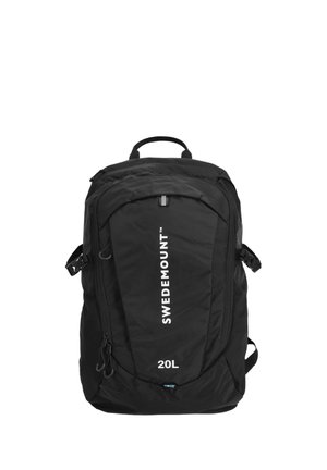 Sac à dos noir de 20L avec plusieurs compartiments zippés, logo "Swedemount" vertical au centre, sangles de compression latérales et poignée de transport supérieure.