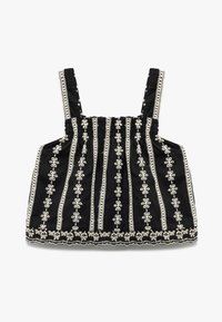 Schwarzes Cropped-Top mit weißer Blumenstickerei, ausgestattet mit einem gerafften Oberteil, dicken Trägern und einem gezackten Saum. Texturiertes Stoffdesign.