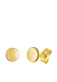 Gouden studoorbellen met een glad, rond ontwerp. Voorzien van een glanzende afwerking en een gebogen achterkant voor een veilige sluiting.