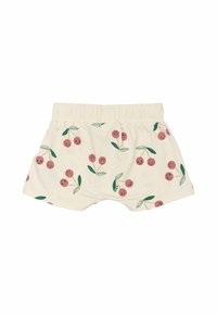 Pantaloni corti in cotone di colore crema con una stampa giocosa di ciliegie con faccine sorridenti e foglie verdi. Vita elastica e vestibilità comoda.