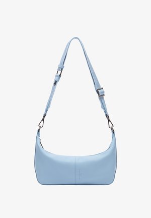 Lichtblauwe leren schoudertas met verstelbare riem, zilveren metalen sluitingen en subtiele merkopdruk centraal aan de voorkant.