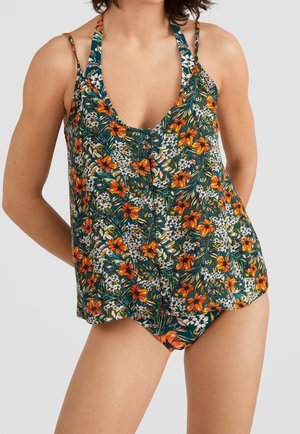 Top na ramiączkach w kwiaty w kolorze pomarańczowym i białym na zielonym tle, z dekoltem w serek, regulowanymi ramiączkami i luźnym krojem, zestawiony z dołem od bikini.