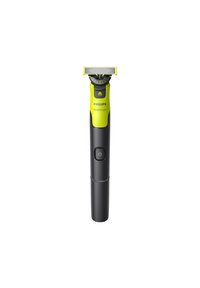Philips OneBlade, electric trimmer with a black grip, yellow accents, and a rectangular blade head; features an on/off button.