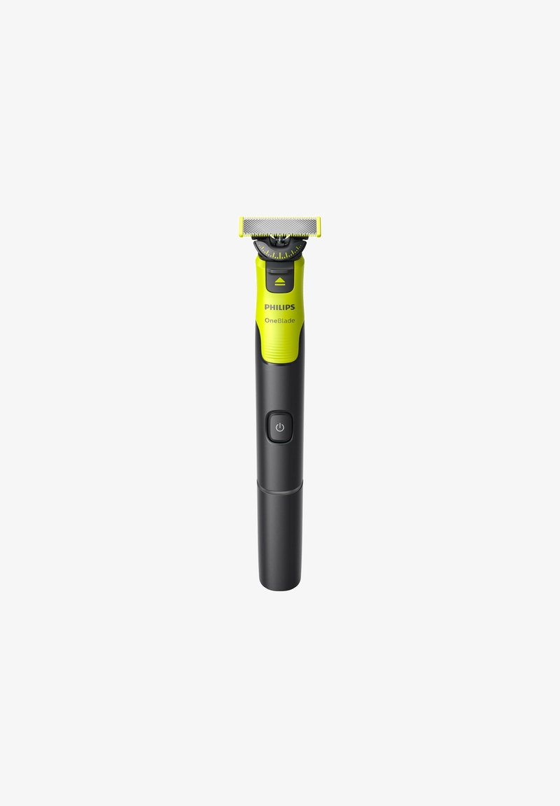 Philips OneBlade, electric trimmer with a black grip, yellow accents, and a rectangular blade head; features an on/off button.