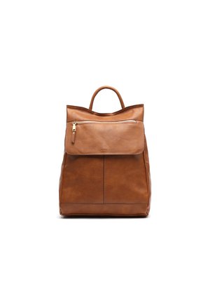Brown leather backpack with a smooth texture, featuring a front zip pocket, top handle, and minimalistic design. Sturdy and practical.