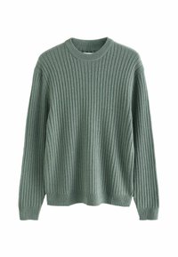 Pull en maille de couleur vert muted, avec un design en relief et côtelé, un col rond et des manches longues. Tissu doux avec une coupe décontractée.