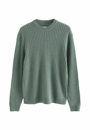 Pull en maille de couleur vert muted, avec un design en relief et côtelé, un col rond et des manches longues. Tissu doux avec une coupe décontractée.