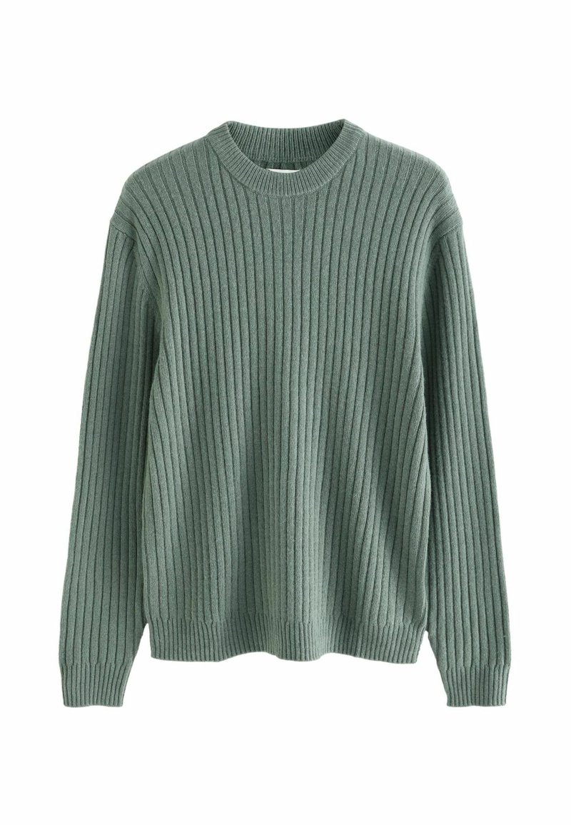 Pull en maille de couleur vert muted, avec un design en relief et côtelé, un col rond et des manches longues. Tissu doux avec une coupe décontractée.