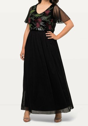 Maxi-jurk in het zwart met een bloemen-sequindesign op een doorschijnende lijf. Vloeiende rok met plooien en korte, doorschijnende mouwen.