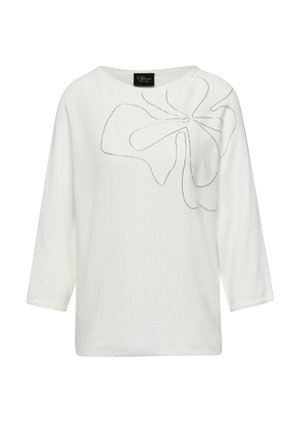 Top bianco a maniche lunghe con vestibilità ampia. Presenta una texture liscia e un motivo floreale decorativo, contornato in filo argentato, sul davanti.