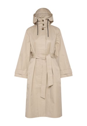 Beige wasserdichter Trenchcoat mit Gürtelschlaufe, großer Kapuze, zwei Druckknöpfen und weiten Ärmeln. Glatte Textur mit einem klaren, minimalistischen Design.