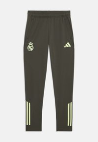 Pantalons de sport vert foncé avec une taille élastique, des poches latérales et des accents de logo et de trois bandes vert clair. Fabriqués à partir d'un tissu doux et respirant.