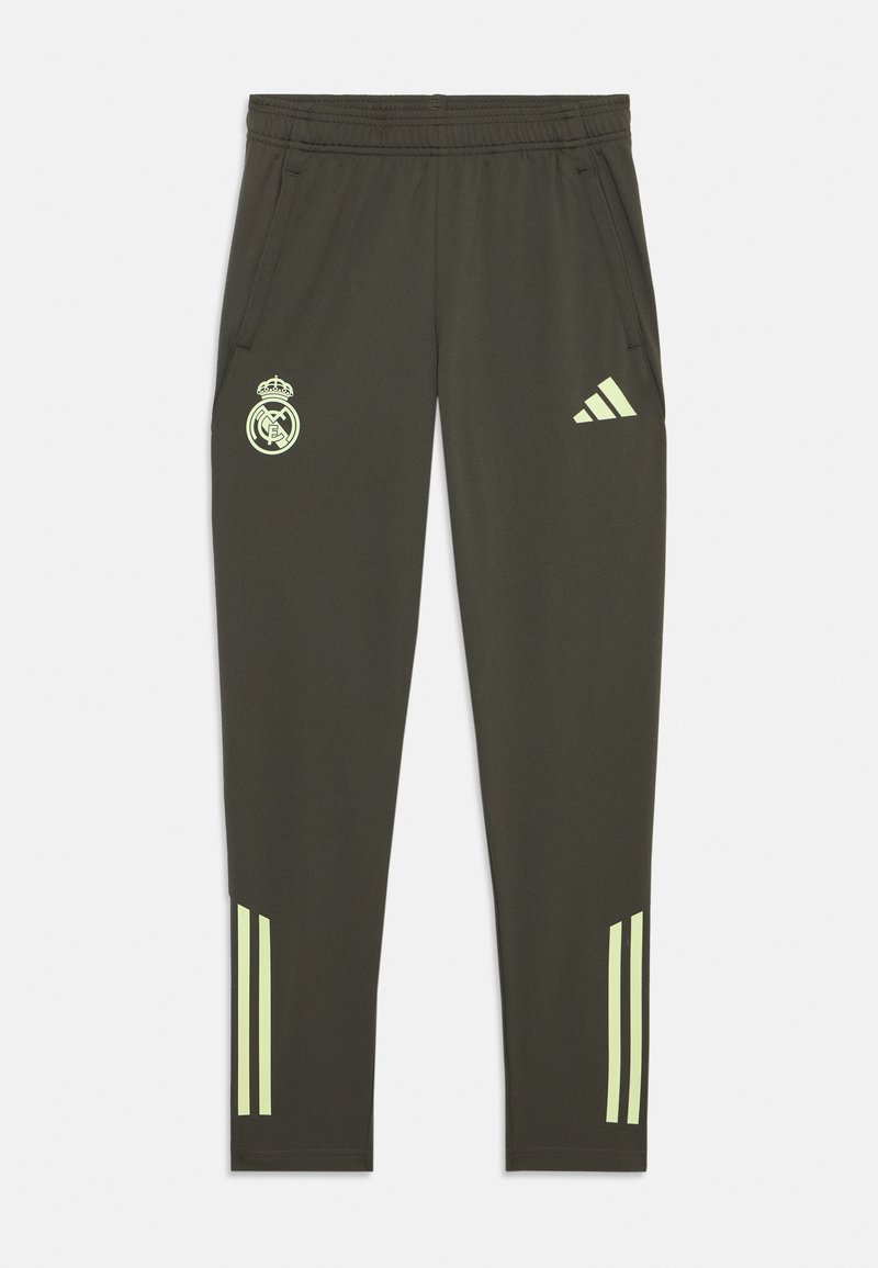 Pantalons de sport vert foncé avec une taille élastique, des poches latérales et des accents de logo et de trois bandes vert clair. Fabriqués à partir d'un tissu doux et respirant.