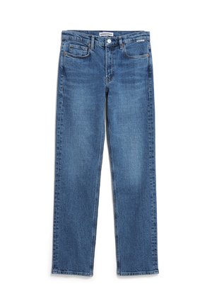 Blue denim straight-leg jeans with a mid-rise waist, five-pocket design, a stitched logo, and a subtle faded finish.