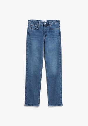 Blaue Jeans aus Denim im geraden Schnitt mit mittelhohem Bund, fünf Taschen, gesticktem Logo und einem dezenten, ausgewaschenen Finish.