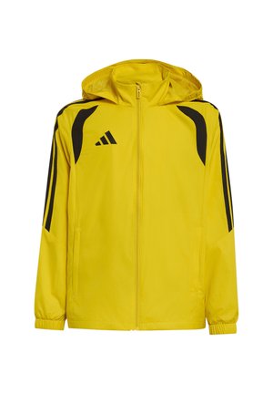 Gelbe Sportjacke mit Kapuze, schwarzen Streifen auf Schultern und Ärmeln, Frontreißverschluss und elastischen Bündchen.