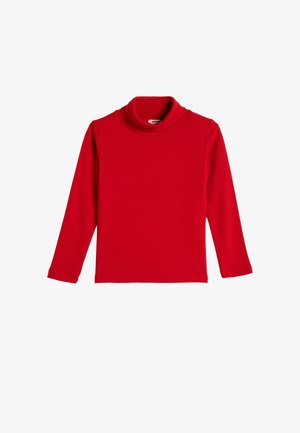 Rode lange mouwen turtleneck top van ribstof, met een aansluitende kraag en rechte zoom. Gladde textuur, zonder patronen of ontwerpen.