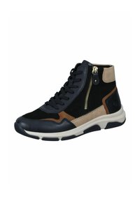 High-top sneakers in black, tan, and brown suede, with a side zipper, leather accents, and a white sole, featuring laces and stitched details.