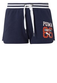 Mörkblå bomullsshorts med vit dragsko och randig midja. Har en röd och vit "PUMA EIGHTY6" grafik på framsidan.