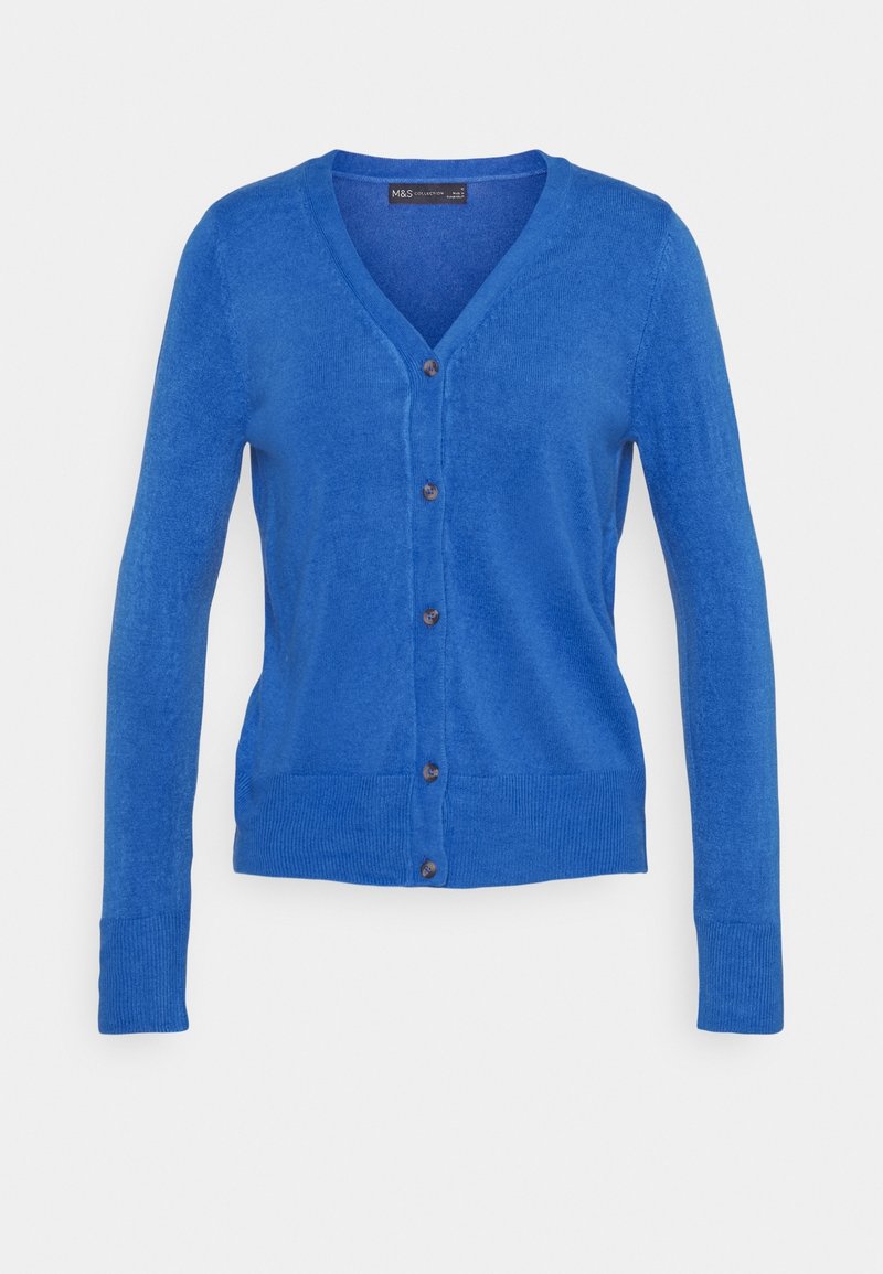 Cardigan bleu à manches longues en V, avec cinq boutons foncés, des poignets côtelés et un ourlet, présenté sur un fond blanc.