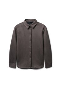 Braune, knöpfbare Hemdbluse aus weichem, wildlederähnlichem Material. Sie verfügt über einen klassischen Kragen, lange Ärmel und einen abgerundeten Saum.