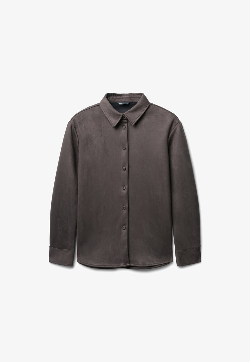 Brown, button-up shirt in soft suede-like material. Features a classic collar, long sleeves, and a curved hem.
