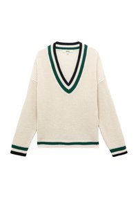 Strickpullover in Creme mit tiefem V-Ausschnitt. Mit dunkelgrünen und schwarzen gestreiften Akzenten am Ausschnitt und an den Bündchen. Oversized Passform.