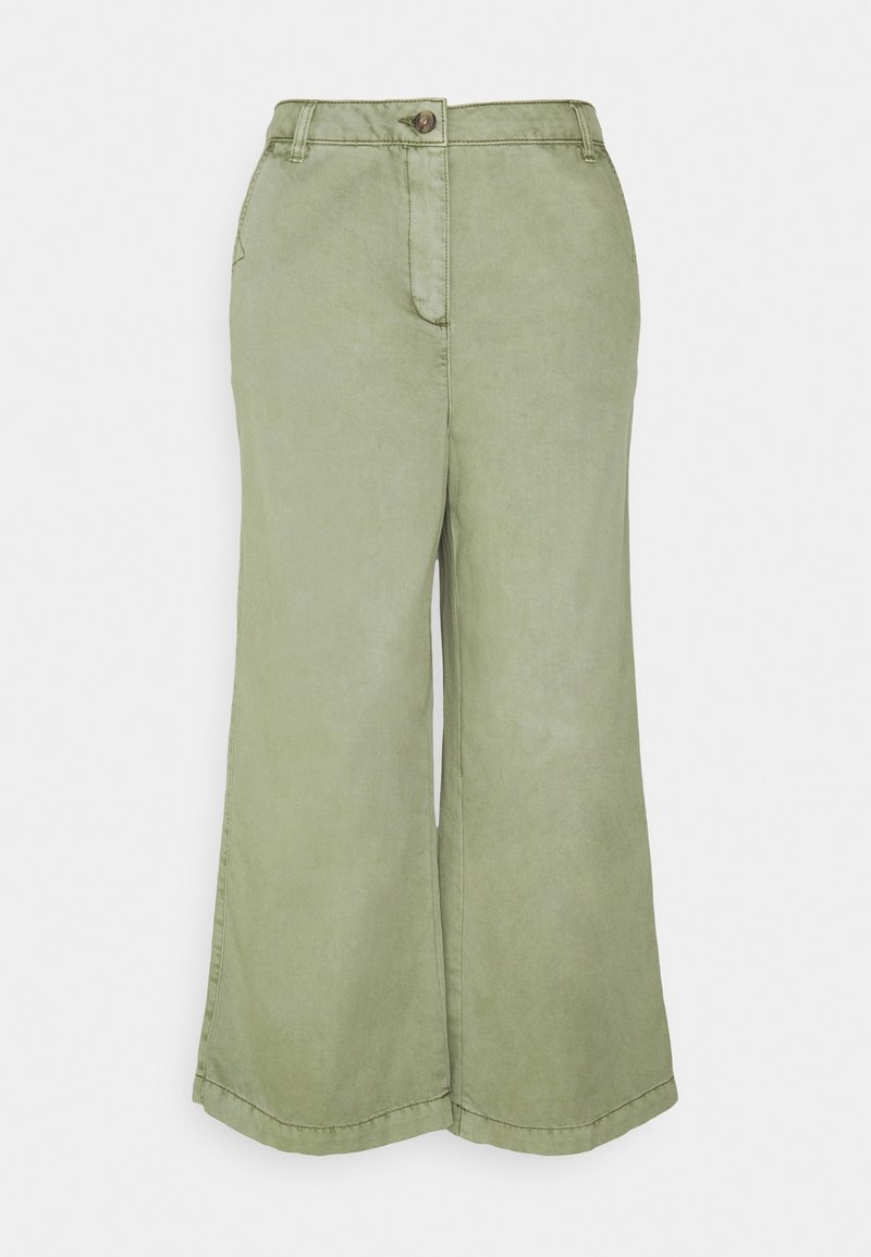 Pantalon large taille haute vert clair avec bouton et fermeture éclair, poches avant et passants pour ceinture sur un fond uni.