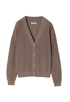 Ruda įrenginys su V formos kaklu, ilgomis rankovėmis ir penkiomis mygtukų uždarymo vietomis. Pasižymi laisvu kirpimu ir tekstūruotu mezgimo audiniu.