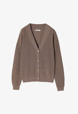 Barna bordás kardigán V-nyakkal, hosszú ujjak, és öt gombbal. Kényelmes fazonja és texturált kötött anyaga van.