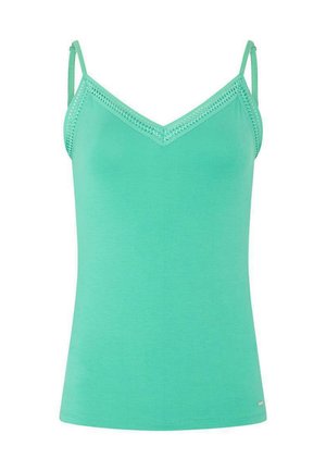 Camiseta sin mangas en verde menta con tirantes finos ajustables y un diseño de escote en V. Presenta un borde de encaje a lo largo del escote. Tejido suave y elástico.