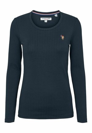 Dark green long-sleeve shirt made of ribbed fabric, featuring a round neckline and a small embroidered logo on the left chest.