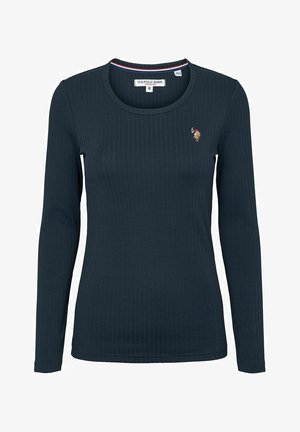 Mörkgrön långärmad tröja i ribbat tyg, med rund halsringning och en liten broderad logotyp på vänster bröst.