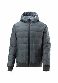 Gray puffer jacket with a hood, featuring a zip front, ribbed cuffs, and horizontal stitch detailing for insulation.
