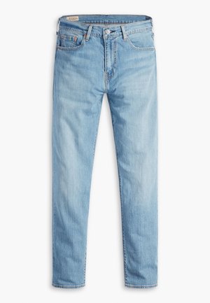 Hellblaue Jeans aus Denim mit schmaler Passform, fünf Taschen, Knopf- und Reißverschluss sowie dezentem Verblassen an den vorderen Oberschenkeln.