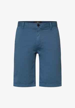 Niebieskie szorty wykonane z lekkiego materiału, z zapięciem na guziki, szlufkami na pasek i wykończonym dołem. Prosty design bez wzorów.