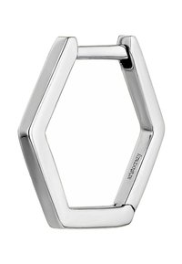 Anillo hexagonal de plata con superficie pulida, que presenta bordes rectos y esquinas suaves, diseñado con una barra de conexión sin costuras.