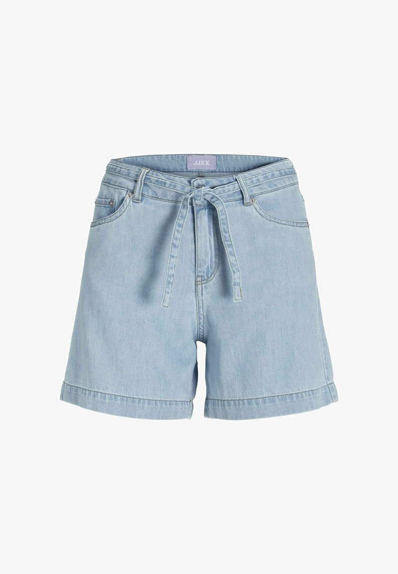 Gai zils džinsu šorti ar saites jostu, salocītiem malām, divām priekšējām kabatām un klasisku piecu kabatu dizainu. Uzbirka redzama "JJXX" jostasvietā.