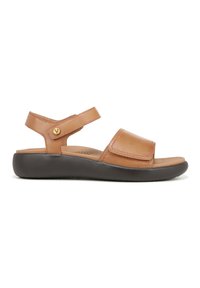 Tan leather sandal with adjustable ankle strap and wide toe strap. Black rubber sole offers stability and comfort. Minimalist design, no patterns.