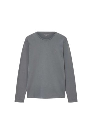 Langsleeve, ronde hals t-shirt in gedempt grijs katoen met een slim fit. Beschikt over een klein geborduurd logo op de borst. Soepele textuur.