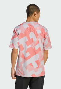 T-shirt met korte mouwen in lichtgrijs met gedurfde rode abstracte patronen. Heeft een losse pasvorm en een ronde hals, gemaakt van zacht katoen.